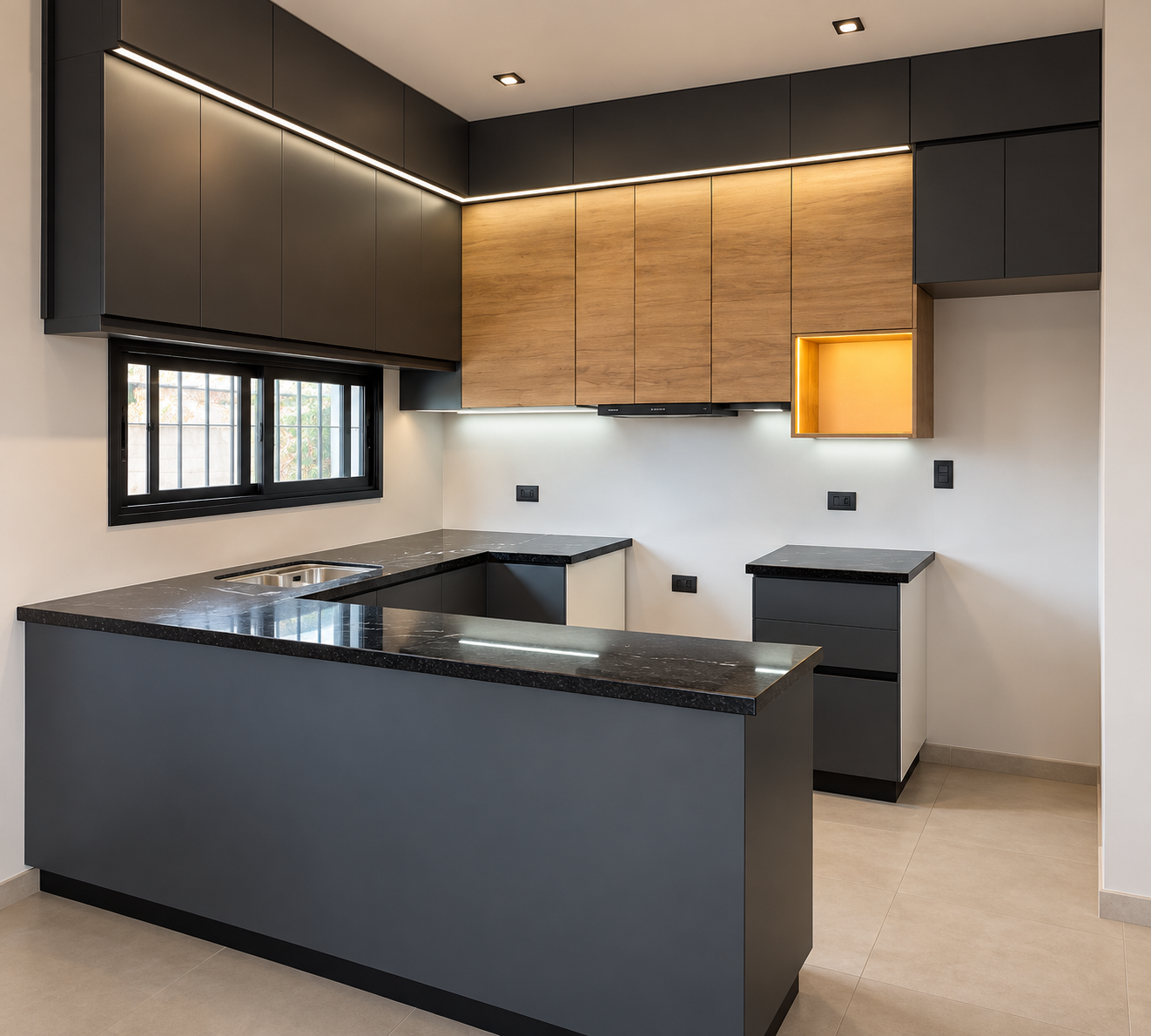 Cocina Cantoni con muebles grafito, alacenas símil paraíso y mesada negra