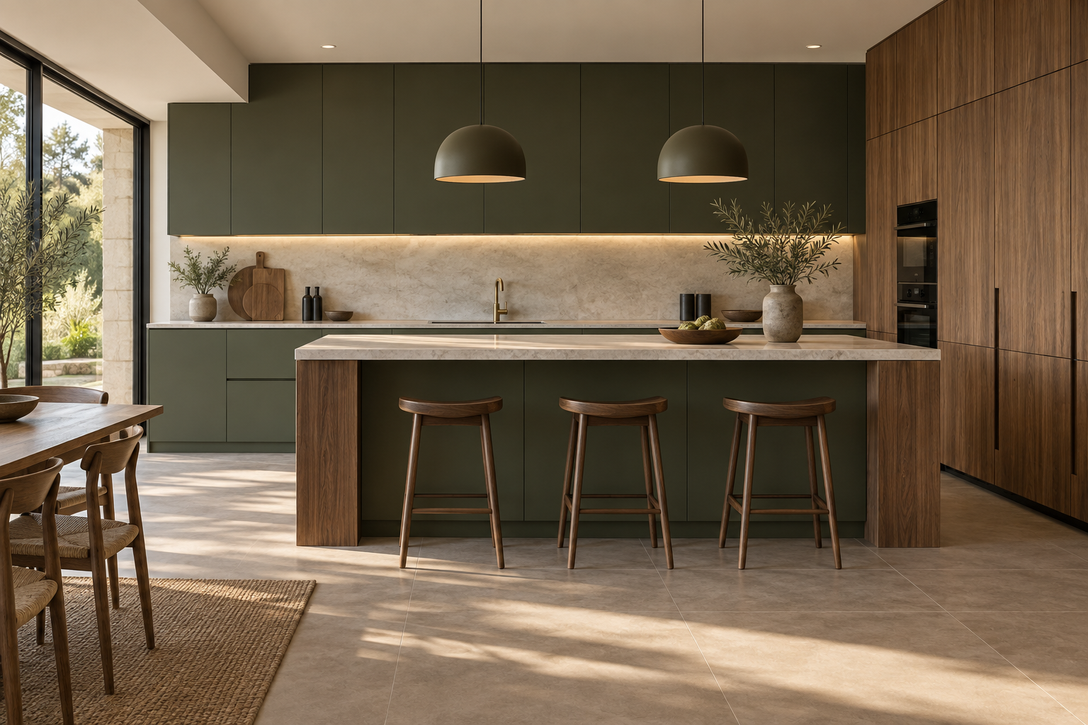 Propuesta conceptual de cocina verde oliva con nogal y mesada clara